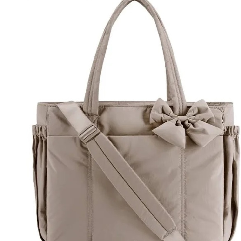 BAGSMART Grey/Beige Bow Tote, 2 Laptop Sleeves, 4 40oz Tumblr pockets, Yoga Mat